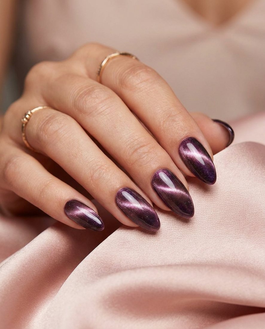 Manicure met een magnetisch cat-eye gel effect in dieppaarse tinten