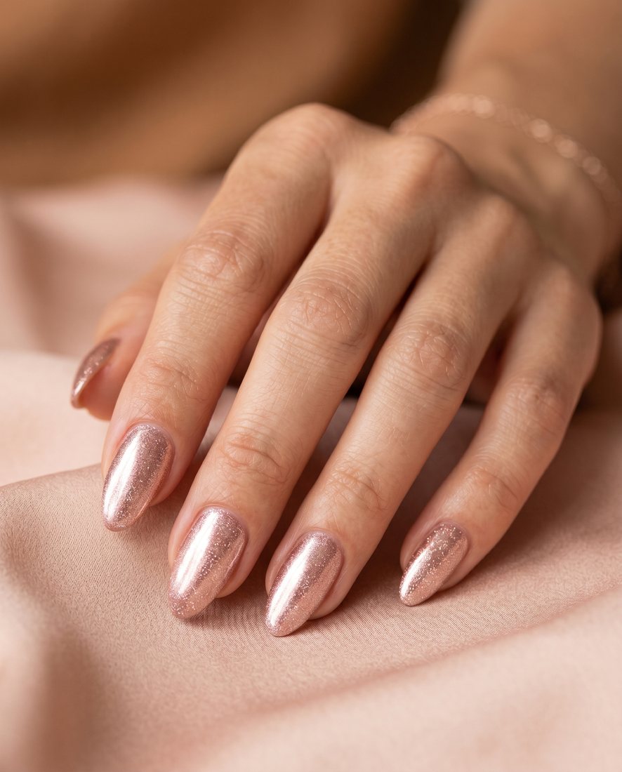 Manicure met een glanzende rosé-gouden chrome finish