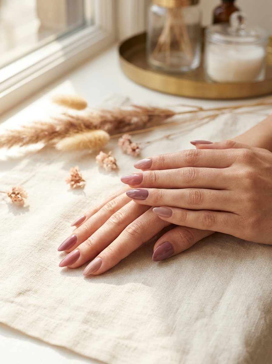 Twee verzorgde handen met een glanzende wine-plum manicure op een linnen ondergrond