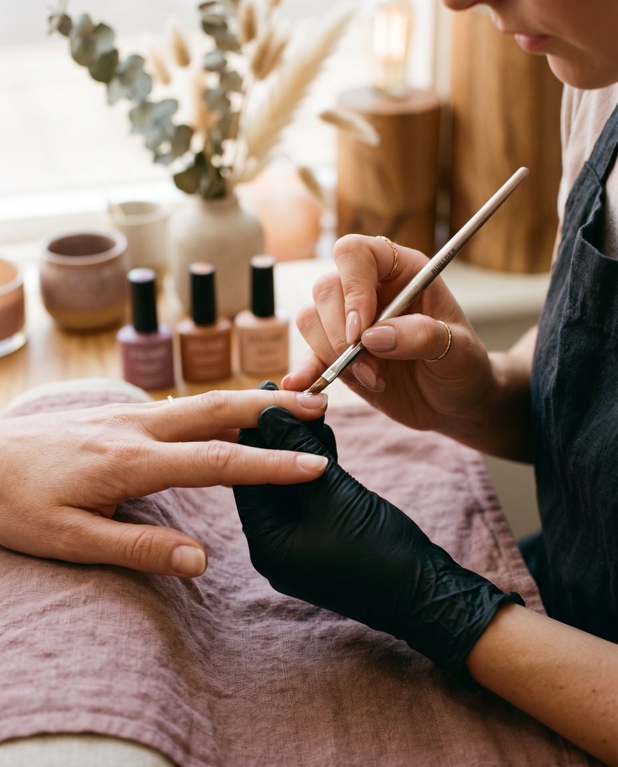 Nagelstyliste brengt met precisie gelpolish aan bij een klant